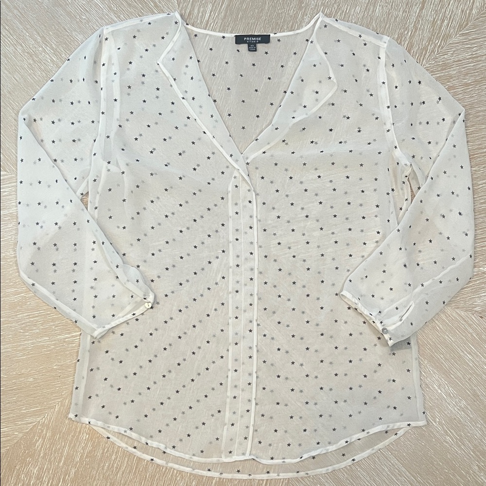 Premise Sheer White Blouse with Black Stars NWOT